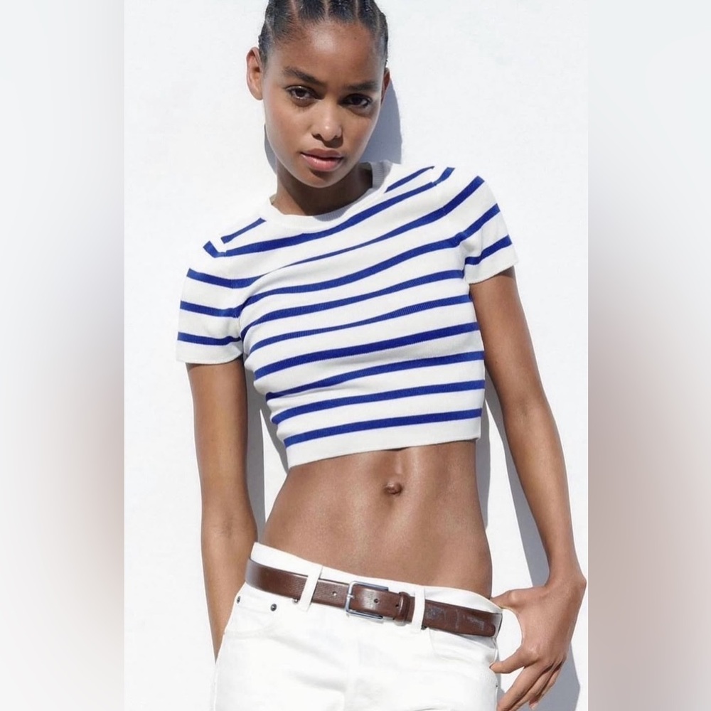 ZARA Cropped Striped Short Sleeve Top Size Large